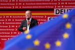 German Chancellor Olaf Scholz speaks during the closing rally campaign for the European Parliament election of the German Social Democrats (SPD) in Duisburg, Germany, Saturday, June 8, 2024.