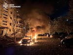 In this photo provided by the Ukrainian Emergency Service, fire and smoke raises after a residential building was damaged during Russia's air strike in Zaporizhzhia, Ukraine, Sunday, Oct. 5, 2025.