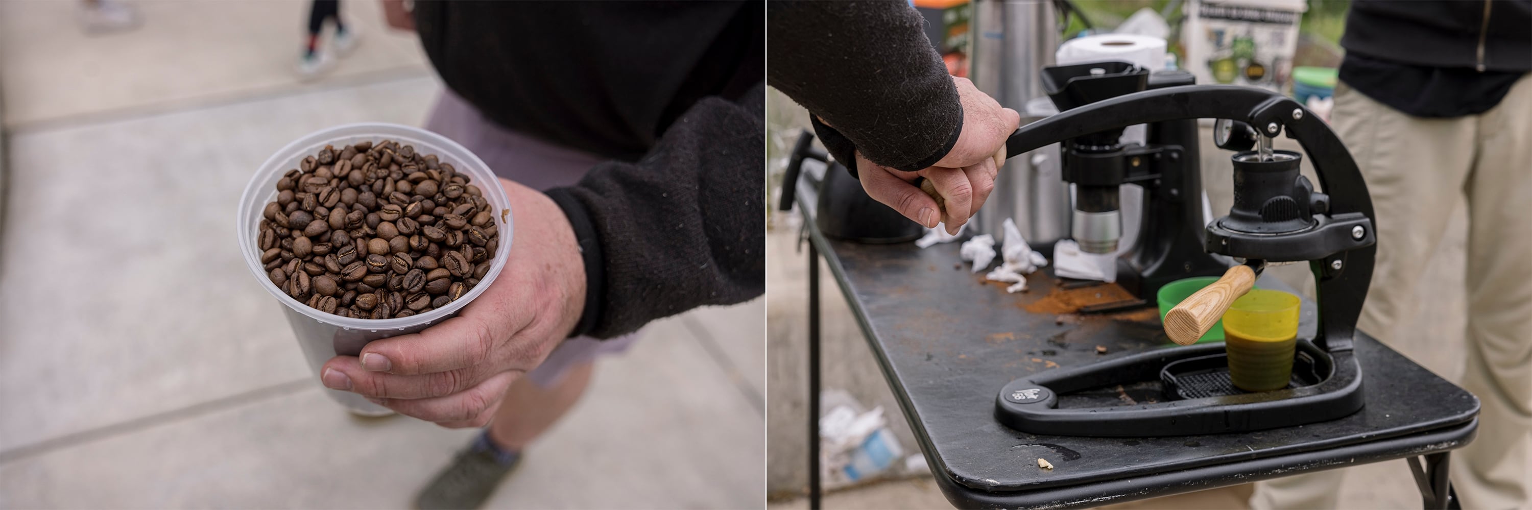 In addition to the 5 gallons of French press coffee brewed for the Blumenauer Bridge event on the last Friday of April, Andrew Kreps also prepared espresso shots from the beans he roasted.