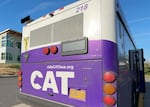 The back of a bus with a purple label saying CAT.