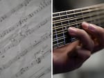 LEFT: Notes are written on sheet music in Cindy Flores’ mariachi class at McKay High School in Salem, Ore., on March 10, 2026. RIGHT: A student plays a 12-string guitar in Cindy Flores’ mariachi class at McKay High School in Salem, Ore., on March 10, 2026.
