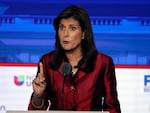 Former U.N. Ambassador Nikki Haley speaks during a Republican presidential primary debate on Wednesday at the Ronald Reagan Presidential Library in Simi Valley, Calif.