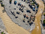 An aerial view shows the aftermath of flooding along the Bhotekoshi River, which affected low-lying areas and settlements near the riverbanks in Nuwakot, Nepal, on August 28, 2026.
