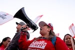 Staff strike outside of Kaiser Permanente Sunnyside Medical Center in Clackamas, Ore., on Tuesday, Oct. 14, 2025.