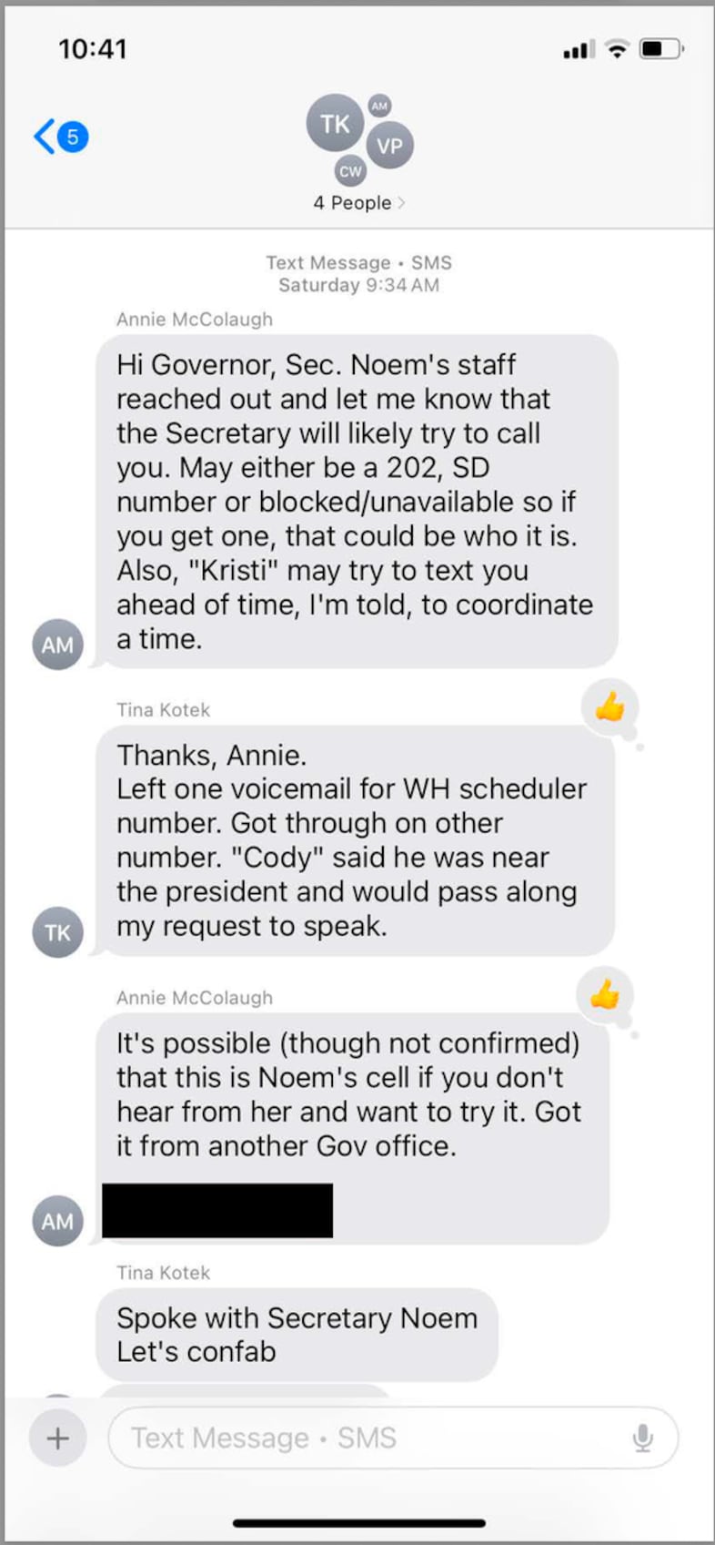 A screenshot of text messages between President Donald Trump, his top staff and Oregon Gov. Tina Kotek detailing the justification for mobilizing National Guard troops.