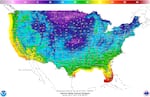 In this National Weather Service temperature map, sub-freezing temperatures are shown throughout much of the U.S. on Jan. 7, 2025