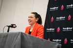 Portland Fire General Manager Vanja Černivec laughs during a press conference after the Women’s National Basketball Association expansion draft, determining the debut roster for the new Portland Fire and Toronto Tempo teams, at the Hyatt Regency at the Oregon Convention Center in Portland, Ore., on April 3, 2026.