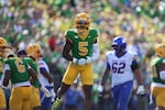 FILE - Oregon defensive back Davon Benjamin (5) reacts during an NCAA college football game against Boise State in Eugene, Ore., Saturday, Sept. 5, 2026.