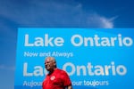 Ontario Premier Doug Ford unveils a sign for Lake Ontario at Fifty Point Conservation Area in Grimsby, Ontario, Canada, on Saturday, Aug. 29, 2026.