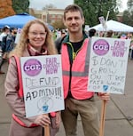 OSU Coalition of Graduate Employees Vice President for Bargaining Brandi Whiteman (left) and President Austin Bosgraaf (right) at the picket line on Nov. 12, 2024.