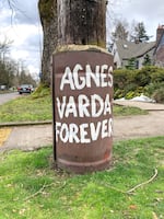 The original pole Jennifer JJ Jones painted what is now the title of the street art project and film festival, Agnes Varda Forever.