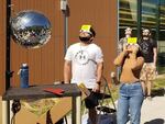 Round Rock Public Library in Round Rock, Texas, used disco balls to project the annular eclipse of October 2023, and recommends people try it for themselves on Monday. This one projected images across the garden, through the windows and onto the walls and ceiling of the 2nd floor.