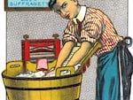 An English suffrage movement postcard from 1909 shows a man doing domestic chores, including watching a child and cat, while complaining he doesn't get a vote.