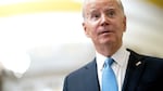 President Joe Biden speaks to reporters at the Capitol on Thursday.
