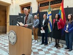 FILE - Portland Mayor Keith Wilson speaking at a press conference with members of Portland City Council at Portland City Hall on Feb. 7, 2025. At the time, Wilson announced plans to join a lawsuit against the Trump administration's threats to sanctuary cities.