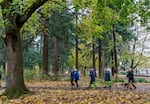 Walkers pass through Alberta Park in Portland during a dementia-friendly walk, Nov. 10, 2021. The walks went on hold during the omicron wave of COVID-19, but they're planned to resume in April. 