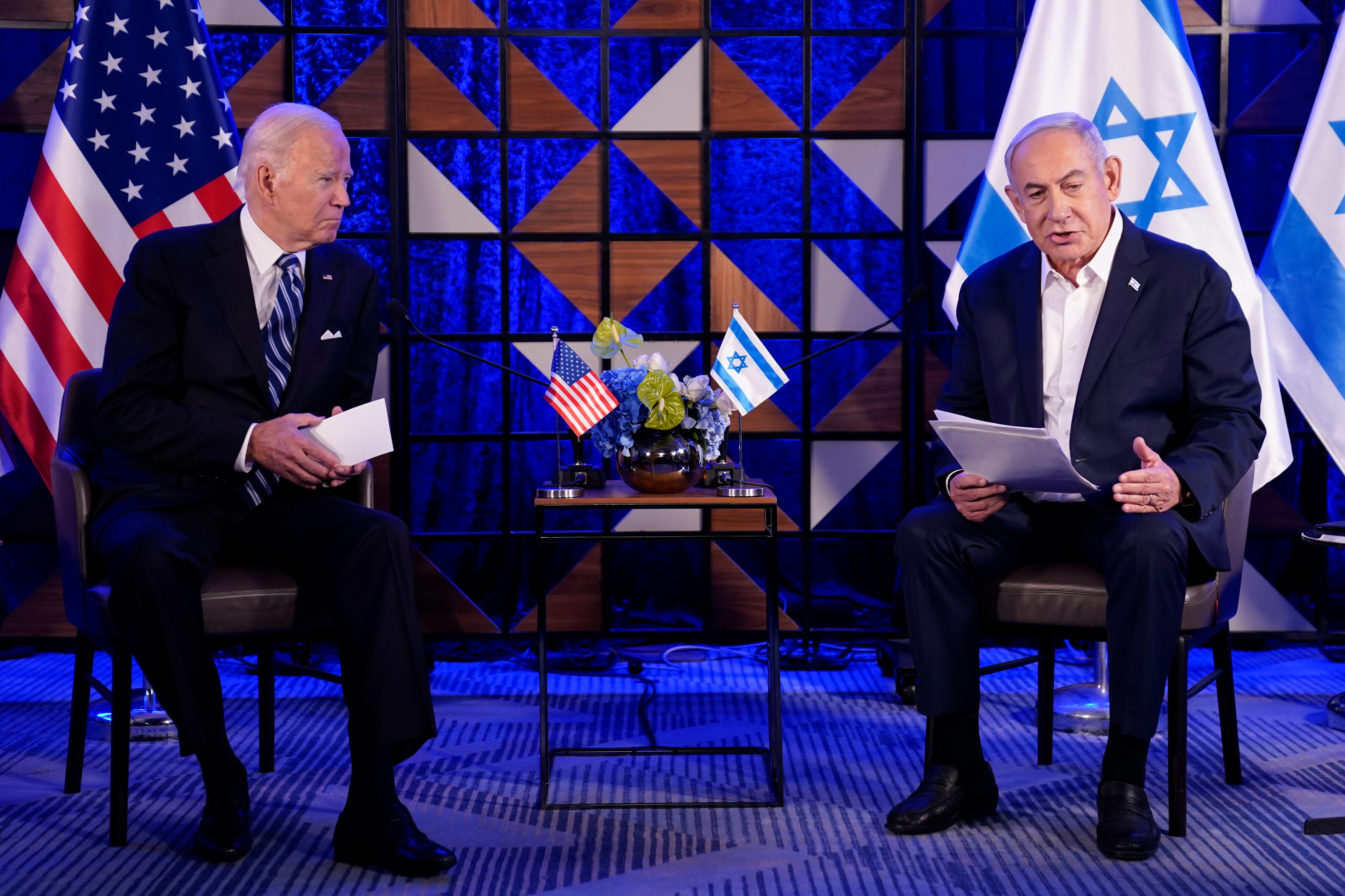 FILE - Israeli Prime Minister Benjamin Netanyahu speaks as he meets with President Joe Biden, Oct. 18, 2023, in Tel Aviv.