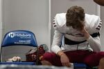 Central Catholic players mentally prepare for the state championship game. The Central Catholic Rams played the Lake Oswego Lakers at Hillsboro Stadium in Hillsboro, Oregon, on Dec. 7, 2019. The Rams defeated the Lakers 49-28.