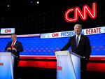 Republican presidential candidate, former U.S. President Donald Trump (L) looks at U.S. President Joe Biden during the CNN Presidential Debate at the CNN Studios on June 27, 2024 in Atlanta, Georgia.