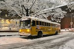 A Catlin Gabel school bus was stranded near the Multnomah Athletic Club in Portland, Feb. 22, 2023.