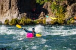 A Paddle Tribal Waters trainee prepares for the Klamath River descent by practicing on the Deschutes river in the fall of 2023.