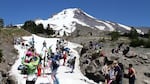 Ski campers at Mount Hood's Timberline recreation area  in July. Timberline is one of three ski areas in the Northwest exploring lift-assisted mountain biking as a summer recreation option.  