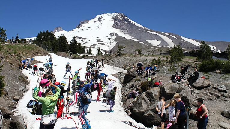 Ski campers at Mount Hood's Timberline recreation area  in July. Timberline is one of three ski areas in the Northwest exploring lift-assisted mountain biking as a summer recreation option.  