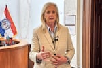 Missouri Attorney General Catherine Hanaway speaks to reporters in November 2025 at her office in Jefferson City, Mo. The Republican is leading a lawsuit calling for the unprecedented exclusion of U.S. residents without legal status and those with nonimmigrant visas from the national census.