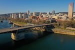 Aerial view of Burnside Bridge during morning rush in downtown Portland, Oregon during coronavirus pandemic, March 20, 2020.