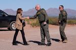 Vice President Harris greets members of the U.S. Border Patrol as she visits the U.S. border with Mexico in Douglas, Ariz., on Sept. 27, 2024.