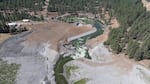 The site of the former JC Boyle Dam following deconstruction in 2024. The earthfill dam was built in 1958, and the northernmost of four hydroelectric dams, and the only one in Oregon, removed by the Klamath River Renewal Corporation.