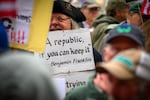 Hartford, Ct.: A person wearing a twi-corner hat and spectacles resembling those affiliated with Benjamin Franklin.