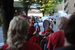 Bill Knight, President of Portland State University's American Association of University Professors, speaks to union members at a picket protesting proposed cuts on Sept. 25, 2025.