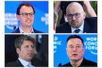 This combination of photos shows CEO & Co-Founder of Anthropic Dario Amodei, top left, on Jan. 23, 2025, co-founder of Google DeepMind Demis Hassabis, top right, and CEO of OpenAI Sam Altman, bottom left, on June 17, 2026, and CEO of SpaceXAI Elon Musk, bottom right, on Jan. 22, 2026.