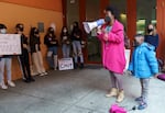 “You are world changers,” says Latoya Lovely of Happy Valley, May 13, 2022, speaking to Harriet Tubman Middle School students who are unhappy with a Portland Public Schools decision to place teacher Bryan Chu on leave. Lovely says she resigned from PPS after experiencing racial discrimination.