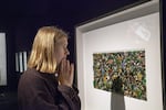 A young woman examines a mosaic of colorful bugs on display at OMSI as part of Christopher Marley's "Exquisite Creatures" exhibit.