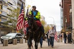 Occupation supporters (and a horse named Lady Liberty) marched around the block outside the federal courthouse in Portland following the verdict.