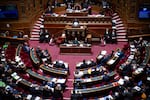 View of the hemicycle of the French Senate in Paris during the debate on enshrining abortion in the constitution, on Feb. 28.