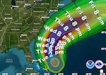 A map shows the likely arrival times of tropical-storm-force winds along the East Coast, driven by Hurricane Erin. Forecasters also say that North Carolina's Outer Banks and nearby areas could start seeing high water from the storm on Tuesday.