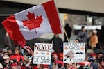 Hundreds gathered in Nathan Phillips Square to protest President Donald Trump's rhetoric about Canada becoming the 51st state at Toronto City Hall in Toronto. March 22, 2025.