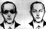 Two sketches of hijacking suspect D.B. Cooper. In the left sketch he is drawn wearing sunglasses. In the right sketch, he is not.