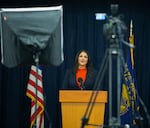 Shemia Fagan gives her acceptance speech to unmanned camera after winning the race for Oregon's secretary of state, Nov. 3, 2020.