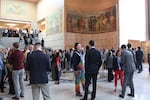 Oregon lawmakers meet in the rotunda of the State Capitol on Friday, March 6, 2026 following the end of the 2026 legislative session. They could try again to legislate new changes to the state capitol’s process for reporting and punishing misconduct.