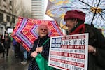 Friends Diana Baird, 87, and Kate Robinson, 81, at the Women's March on Portland. Baird said a woman's right to seek an abortion is particularly important to her. "I believe in women's rights, period," she said. The retirees say at least 20 retired women from the Terwilliger Plaza retirement community joined the march Saturday, Jan. 21, 2017.