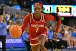 FILE - Maryland guard Oluchi Okananwa handles the ball during the second half of an NCAA college basketball game against UCLA, Jan. 18, 2026, in Los Angeles.