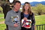 Jeff Sentle and Catherine Wallner of Ashland, Oregon, hold photos of their son Josh in March 2024. Josh died from a fentanyl overdose the previous year.