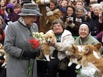 Queen Elizabeth II talks with members of the Manitoba Corgi Association during a visit to Winnipeg, Canada, in October 2002.