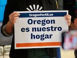 A sign says “Oregon is our home” in Spanish in Woodburn, Ore., on Feb. 13, 2026.
