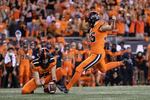 Oregon State place kicker Everett Hayes (35) kicks a game-winning 24-yard field goal during the final seconds of an NCAA college football game against Washington Saturday, Oct. 2, 2021, in Corvallis, Ore. Oregon State won 27-24.