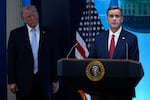 FILE - CIA Director John Ratcliffe, accompanied by President Donald Trump, speaks with reporters in the James Brady Press Briefing Room at the White House in Washington